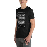 Model wearing our black cotton t-shirt with our better living through potions t-shirt design printed on the front