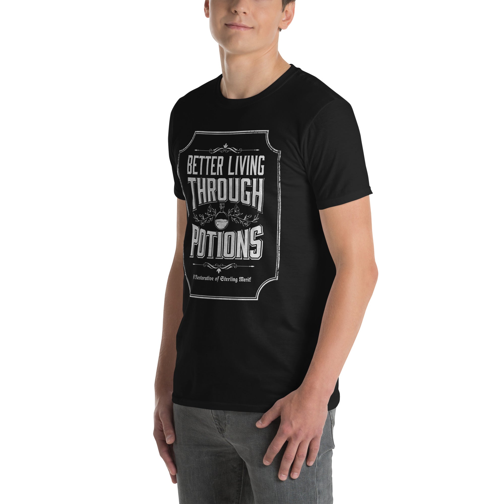 Model wearing our black cotton t-shirt with our better living through potions t-shirt design printed on the front