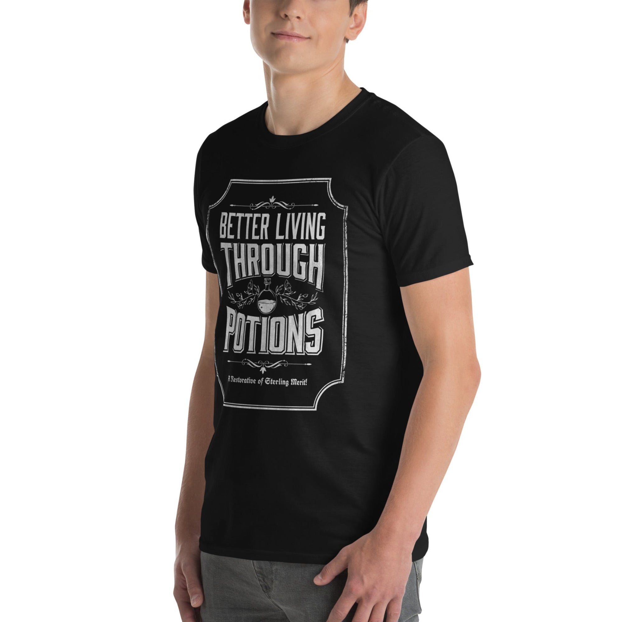 Model wearing our black cotton t-shirt with our better living through potions t-shirt design printed on the front