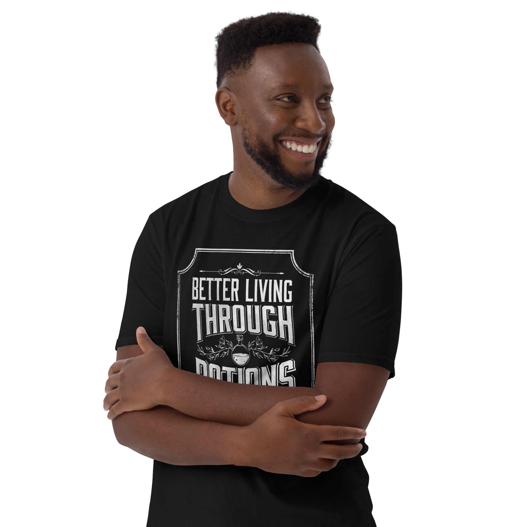 model with arms crossed wearing our black t-shirt with better living through potions t-shirt