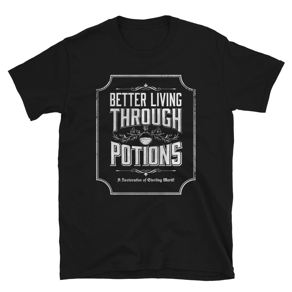 Black t-shirt with better living through potions design