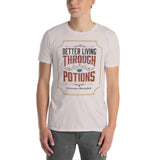 Cotton t-shirt with a vintage apothecary-style illustration of potion bottles and the text "Better Living Through Potions."