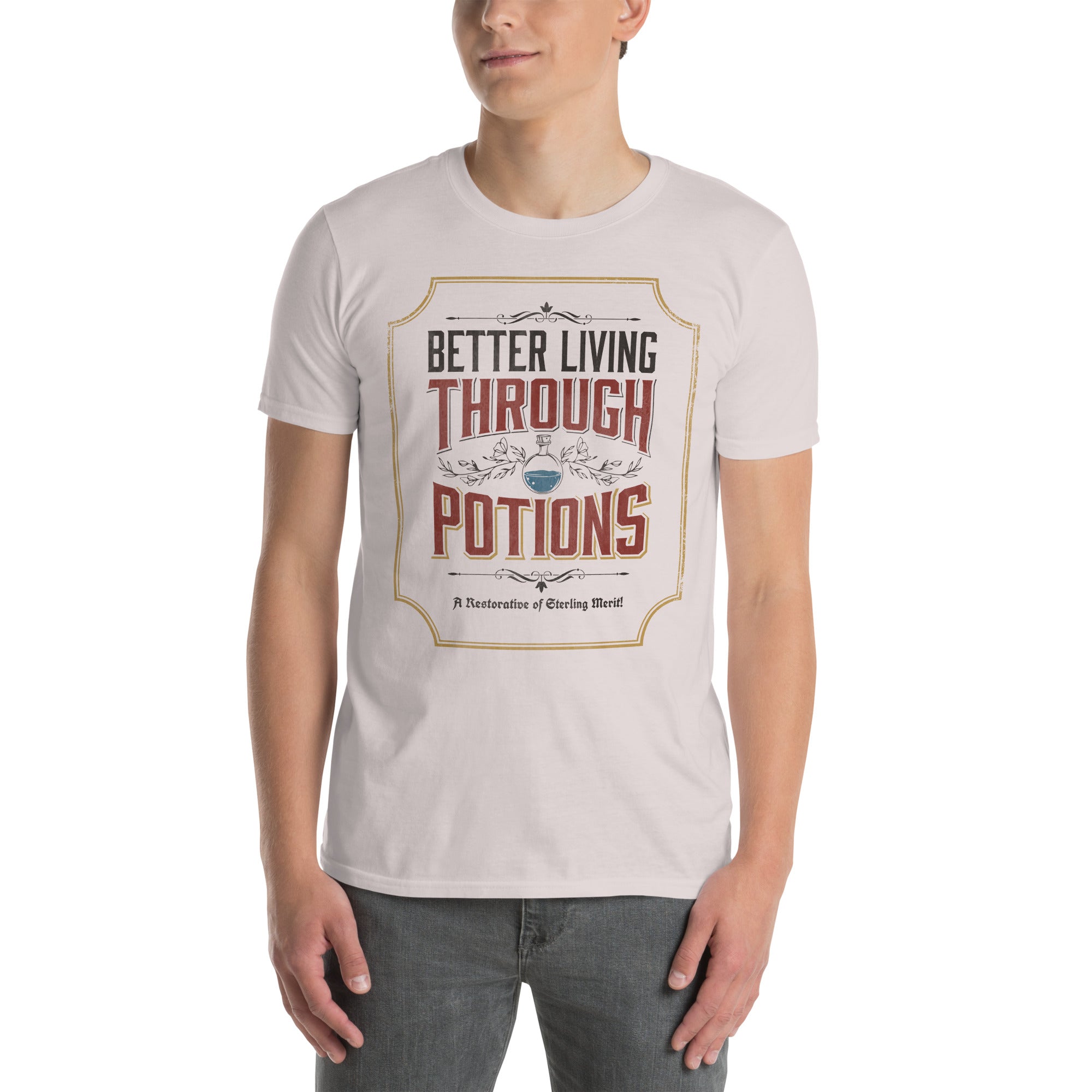 Cotton t-shirt with a vintage apothecary-style illustration of potion bottles and the text "Better Living Through Potions."