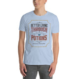model wearing our sky blue better living through potions t-shirt