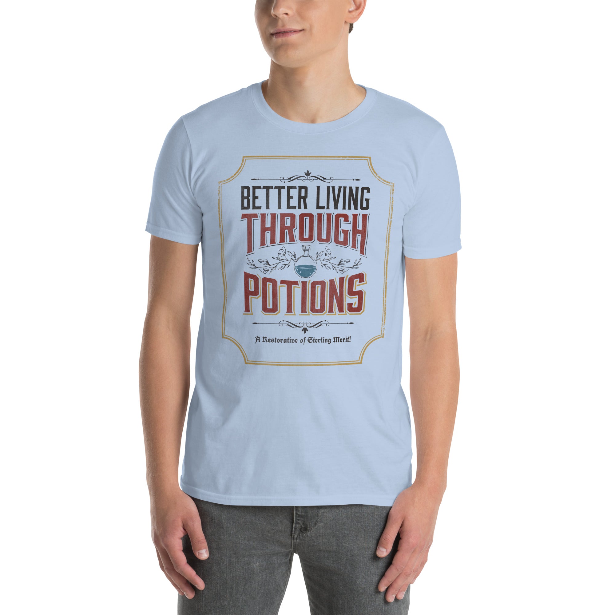 model wearing our sky blue better living through potions t-shirt