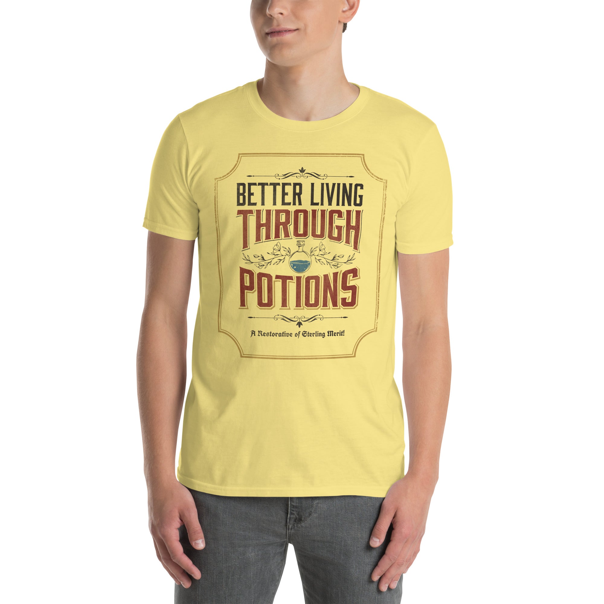 model wearing our yellow better living through potions t-shirt