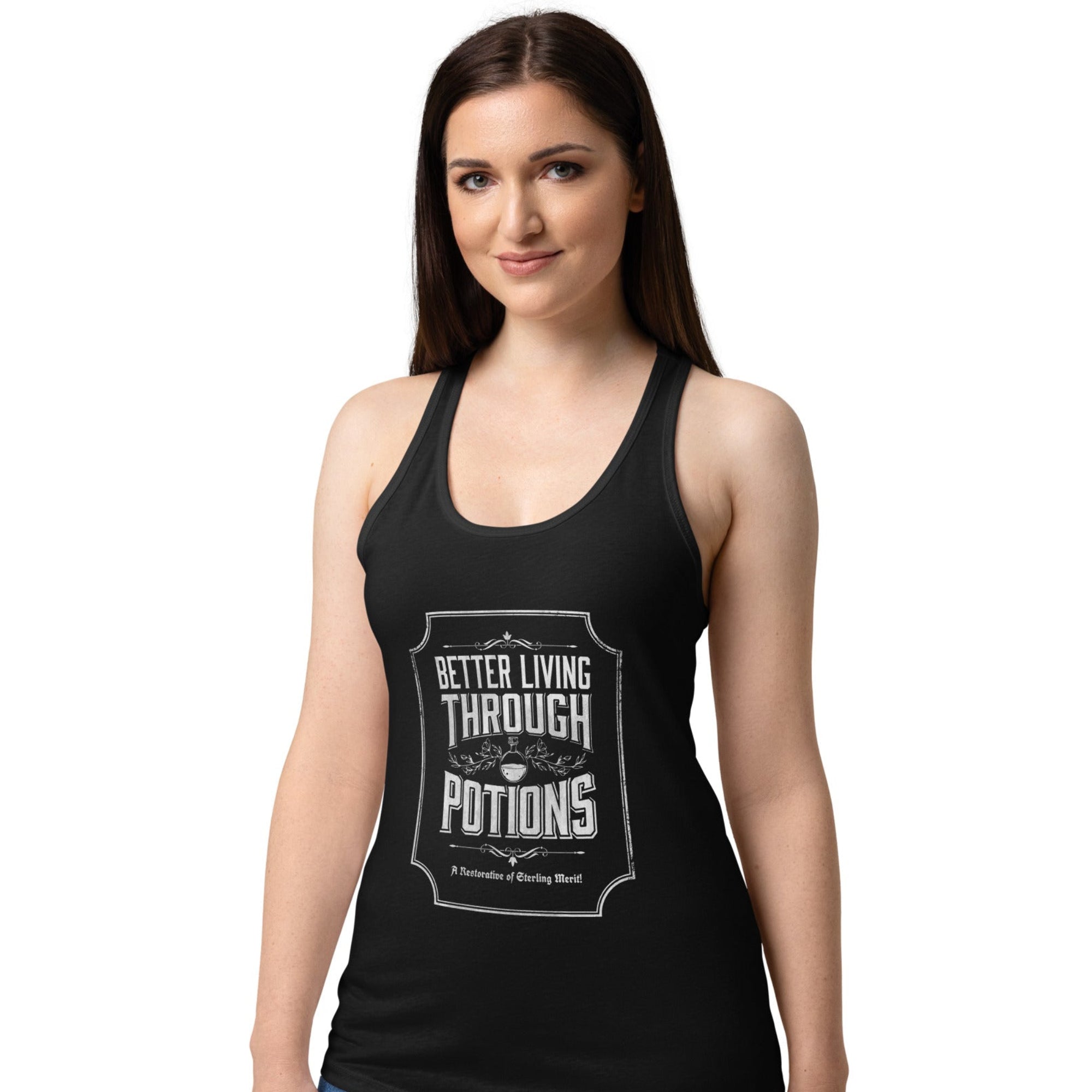 Women's racerback tank top with an apothecary-style illustration of potion bottles and the text "Better Living Through Potions."
