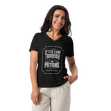 Women's v-neck t-shirt with an apothecary-style illustration of potion bottles and the text "Better Living Through Potions."