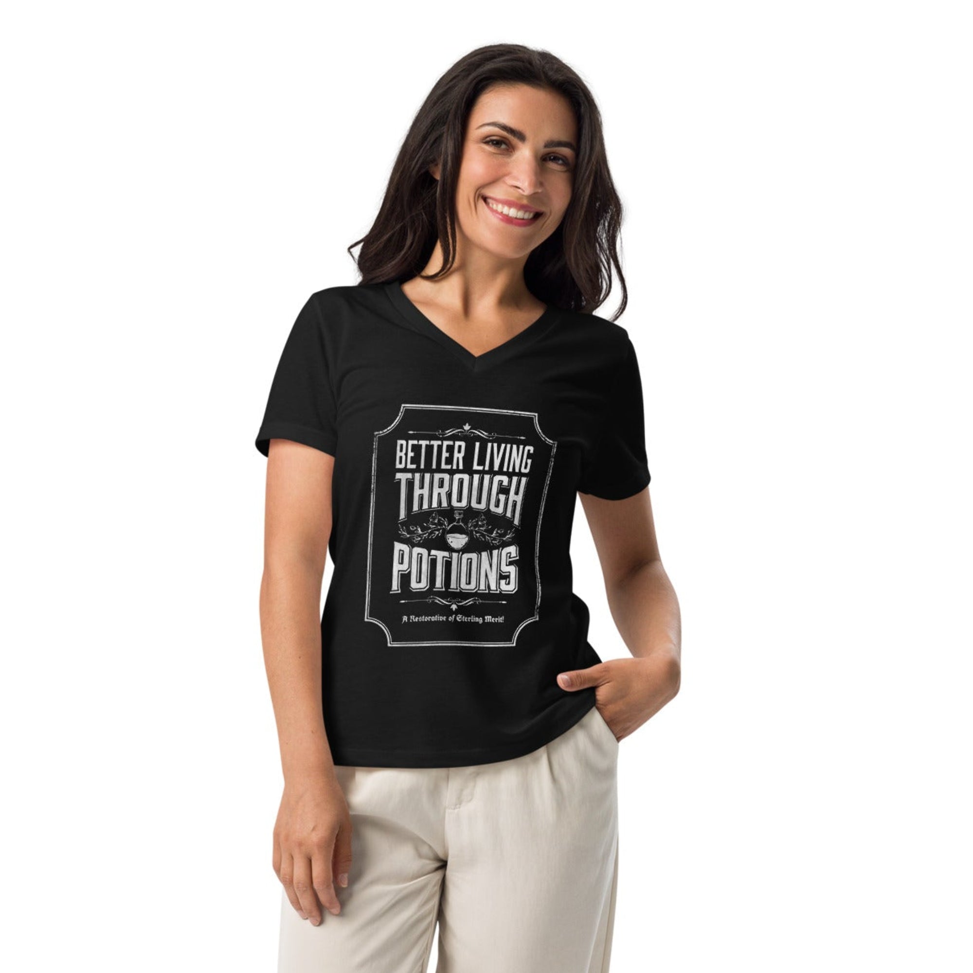 Women's v-neck t-shirt with an apothecary-style illustration of potion bottles and the text "Better Living Through Potions."