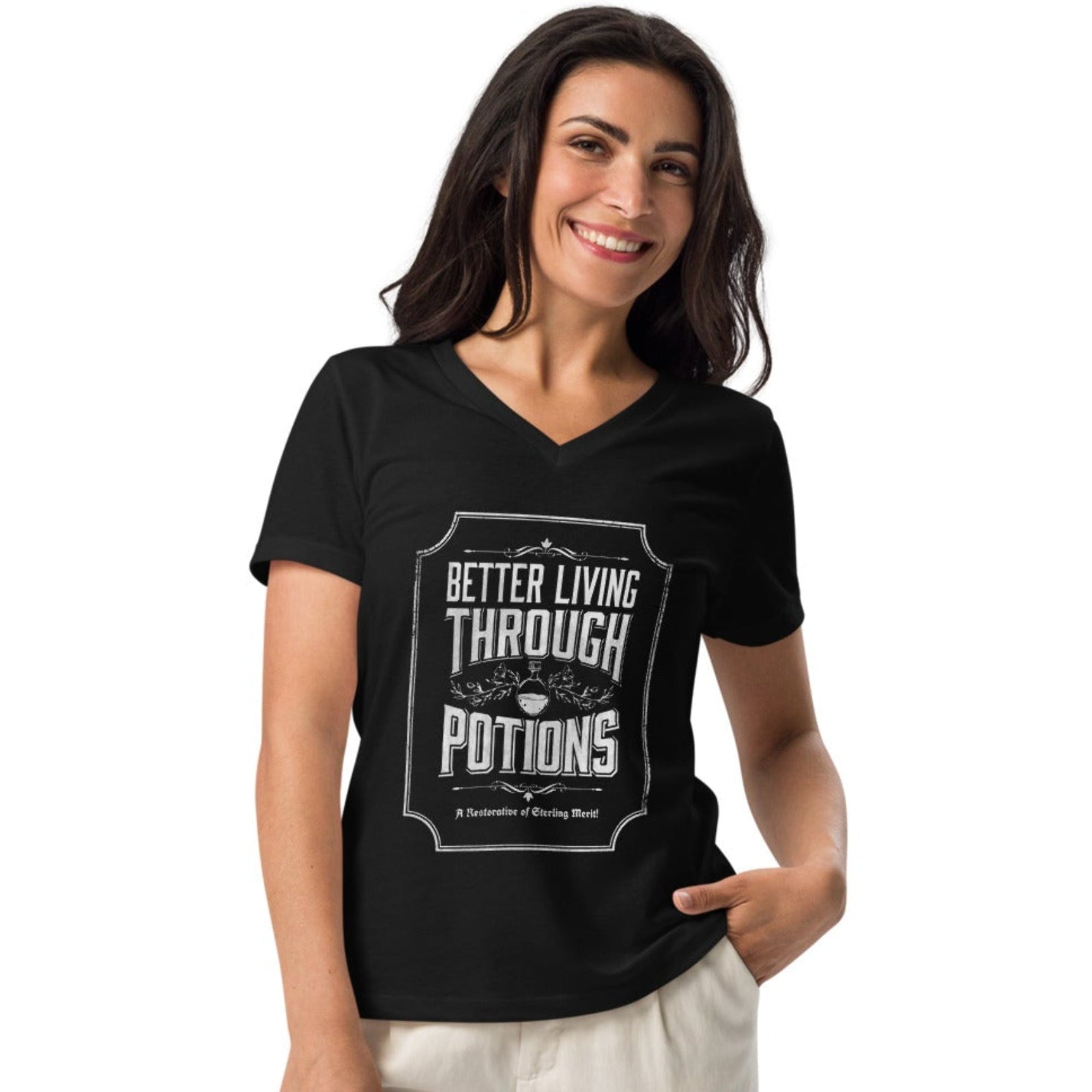 Women's v-neck t-shirt with an apothecary-style illustration of potion bottles and the text "Better Living Through Potions."