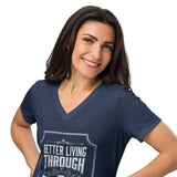 Woman wearing a dark gray t-shirt with our better living through potions design on a white background