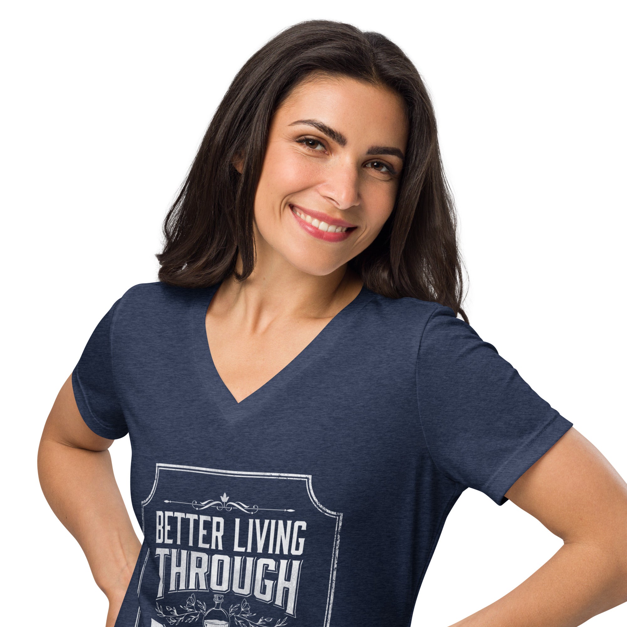 Woman wearing a dark gray t-shirt with our better living through potions design on a white background