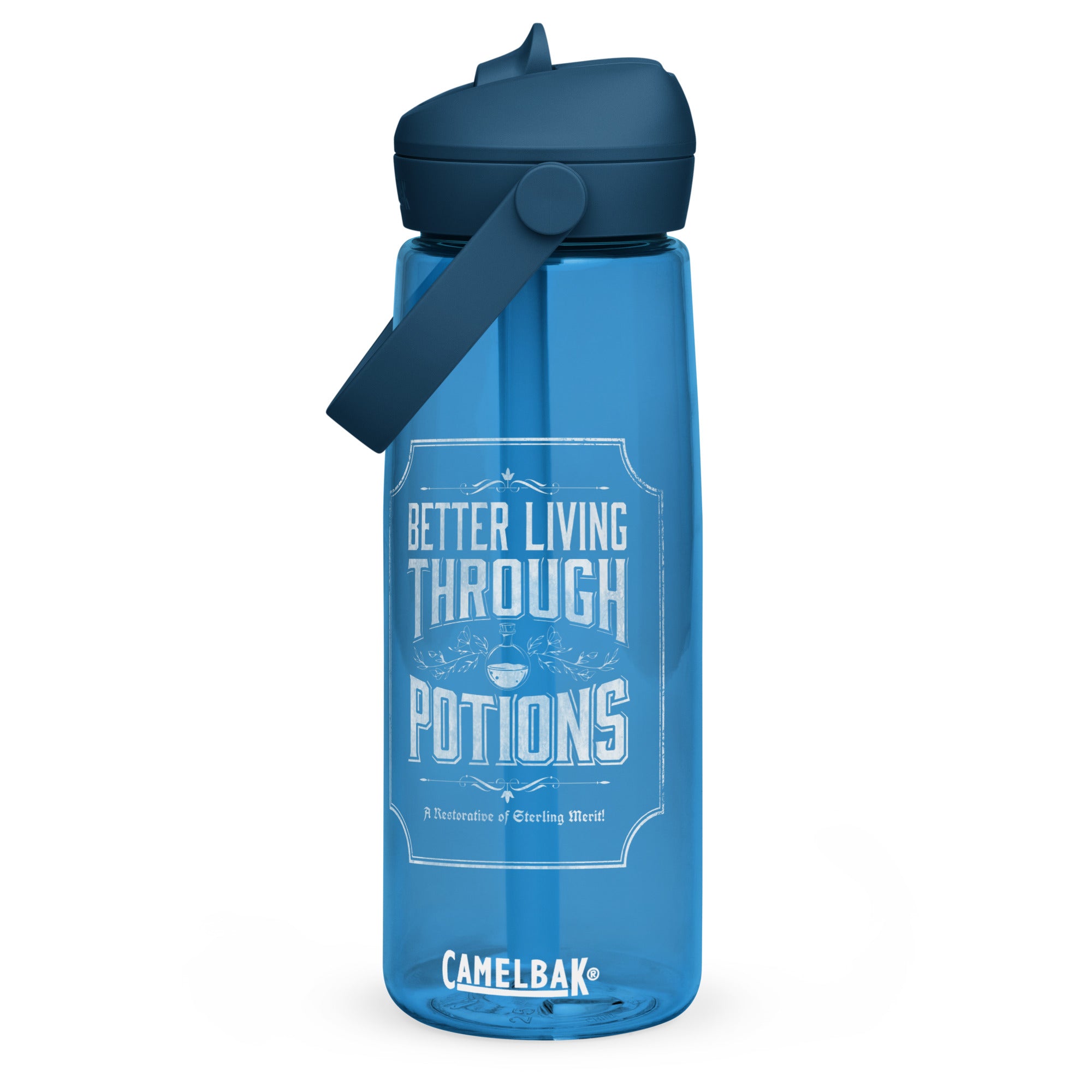 CamelBak Thrive flip straw water bottle printed with a vintage apothecary-style illustration of potion bottles and the text "Better Living Through Potions."