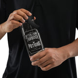 A person in a black polo shirt holds a grey plastic water bottle with a black lid. The bottle has a printed graphic that reads 'BETTER LIVING THROUGH POTTIONS' with a potion flask illustration.