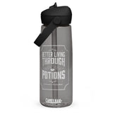 Gray CamelBak water bottle with black lid featuring our better living through potions design