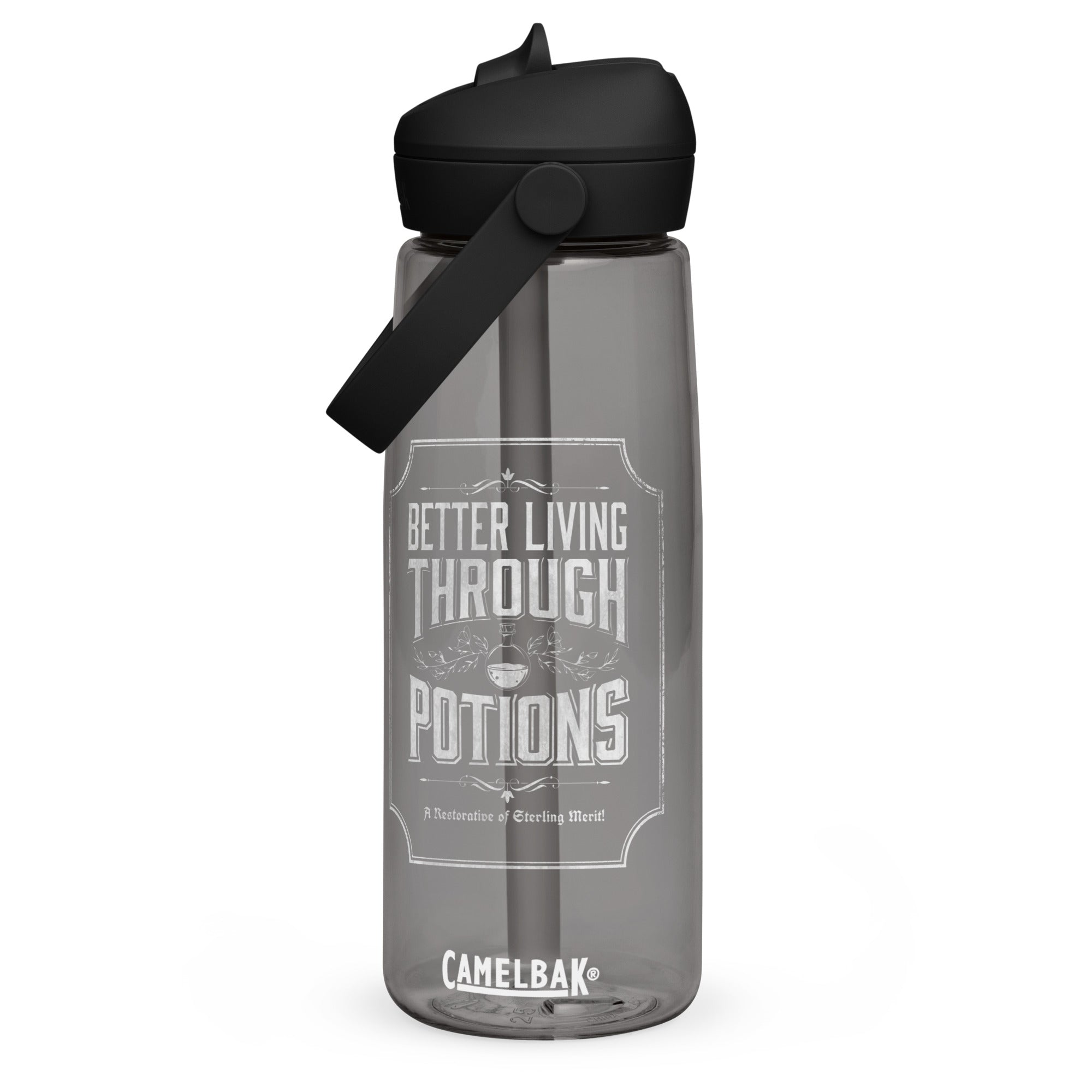 Gray CamelBak water bottle with black lid featuring our better living through potions design