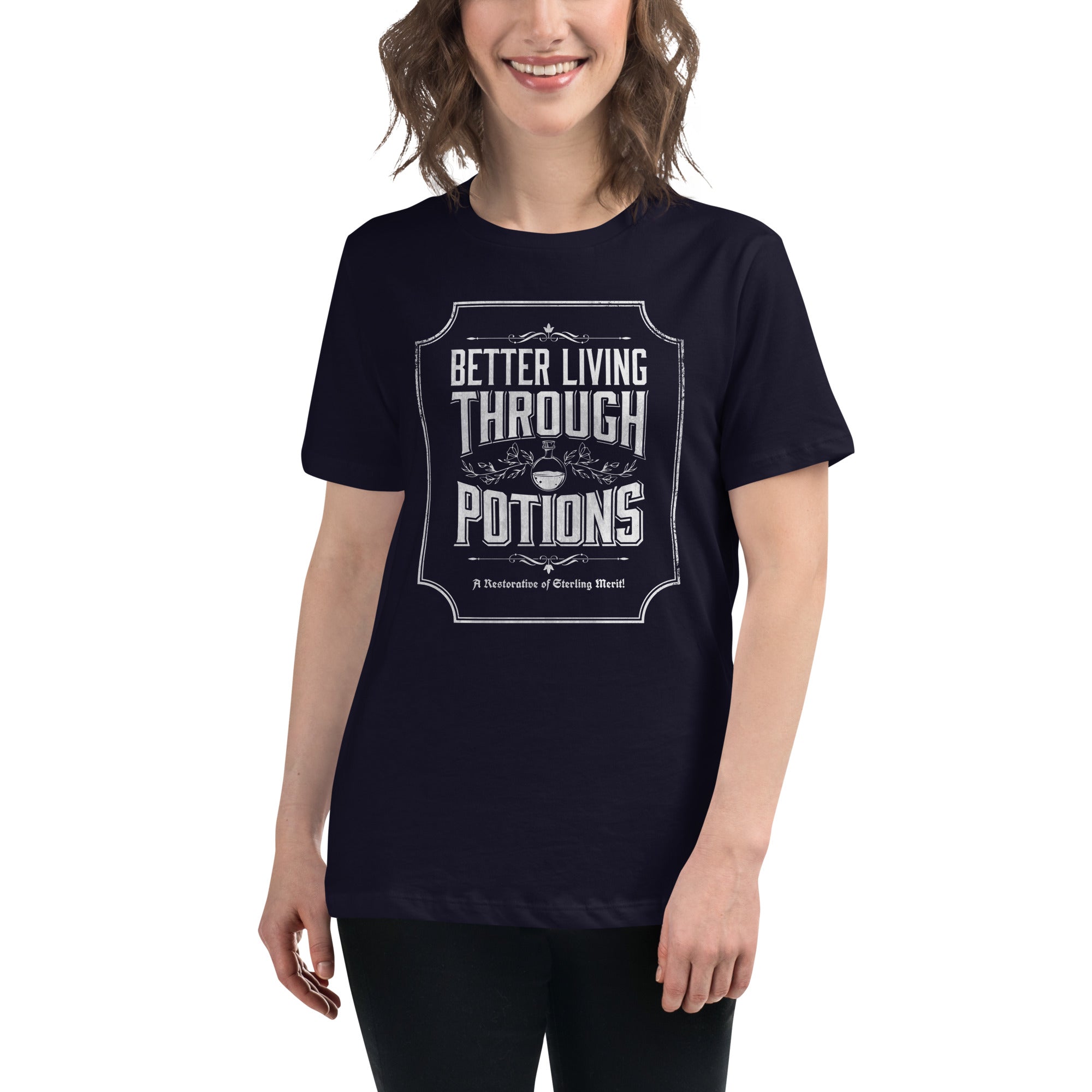 Women's fitted t-shirt with a vintage apothecary-style illustration of potion bottles and the text "Better Living Through Potions."