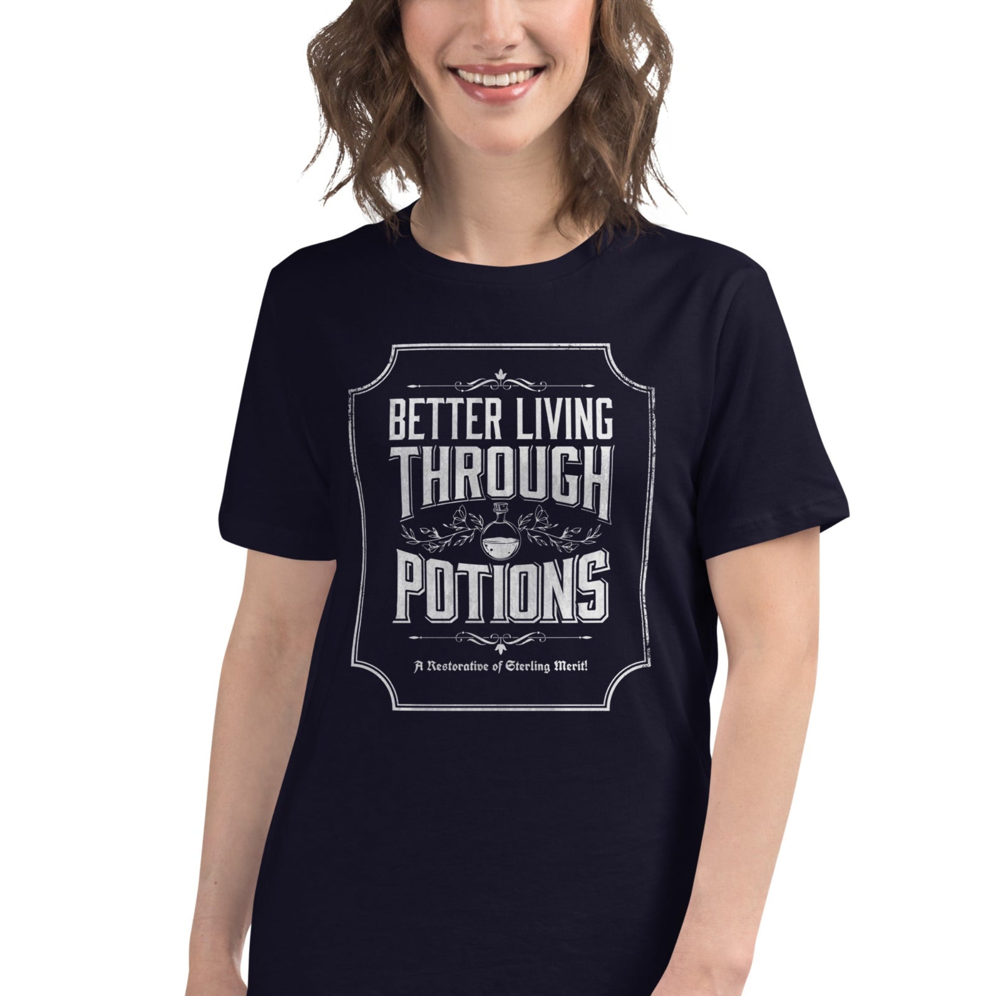 Women's fitted t-shirt with a vintage apothecary-style illustration of potion bottles and the text "Better Living Through Potions."