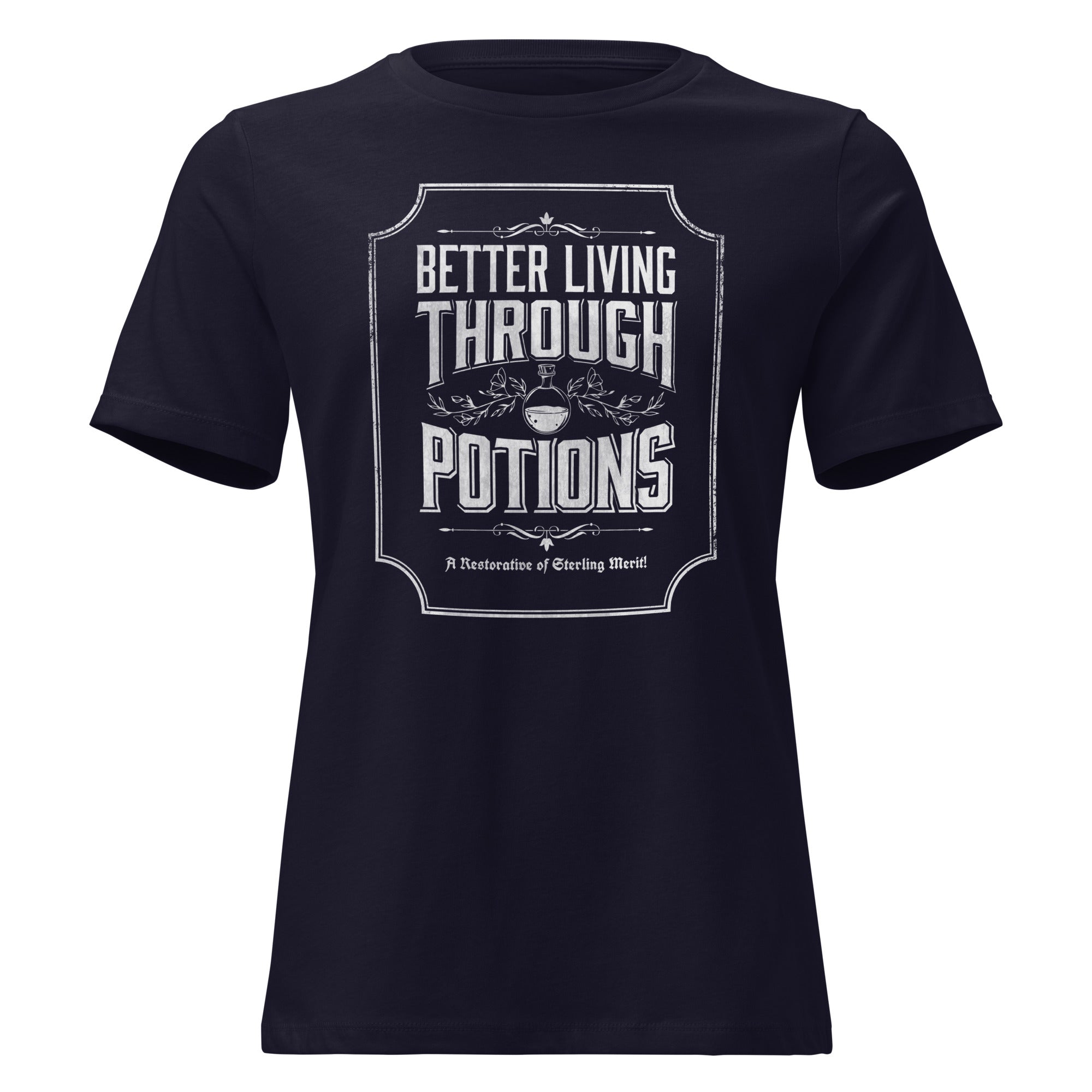 Black t-shirt mockup with better living through potions design