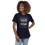 Female model wearing better living through potions t-shirt
