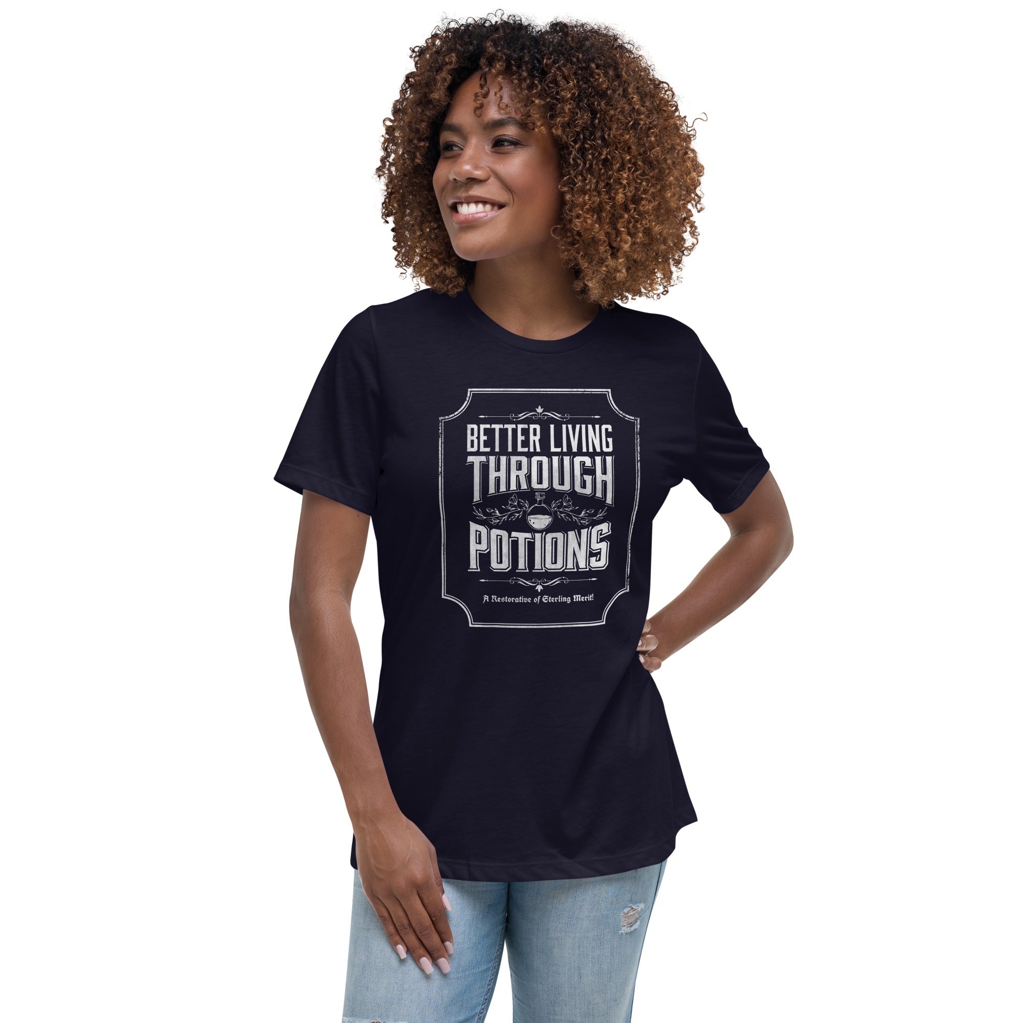 Female model wearing better living through potions t-shirt