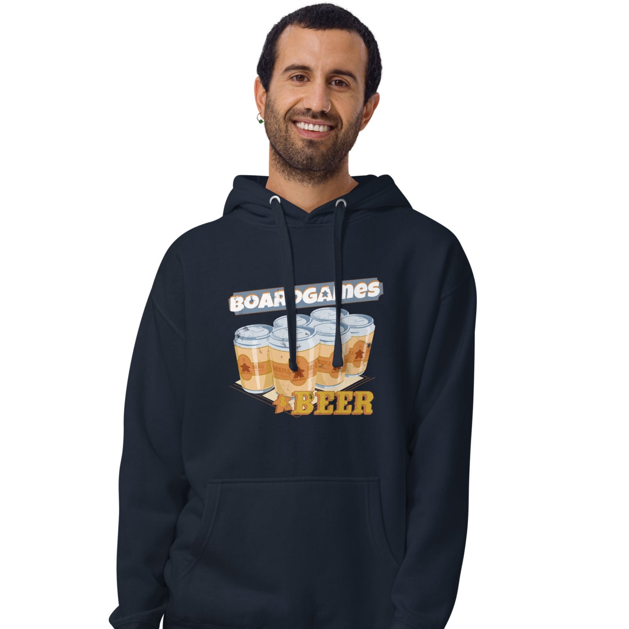 Cotton-blend fleece hoodie printed with "Boardgames & Beer" text above an illustration of a six-pack of beer cans.