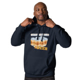 A man wearing a navy blue hoodie with a graphic print of beer glasses and the words 'BOAR GAMES' and 'BEER' in yellow and white. He is posing with his hands on the hood drawstrings against a plain white background.