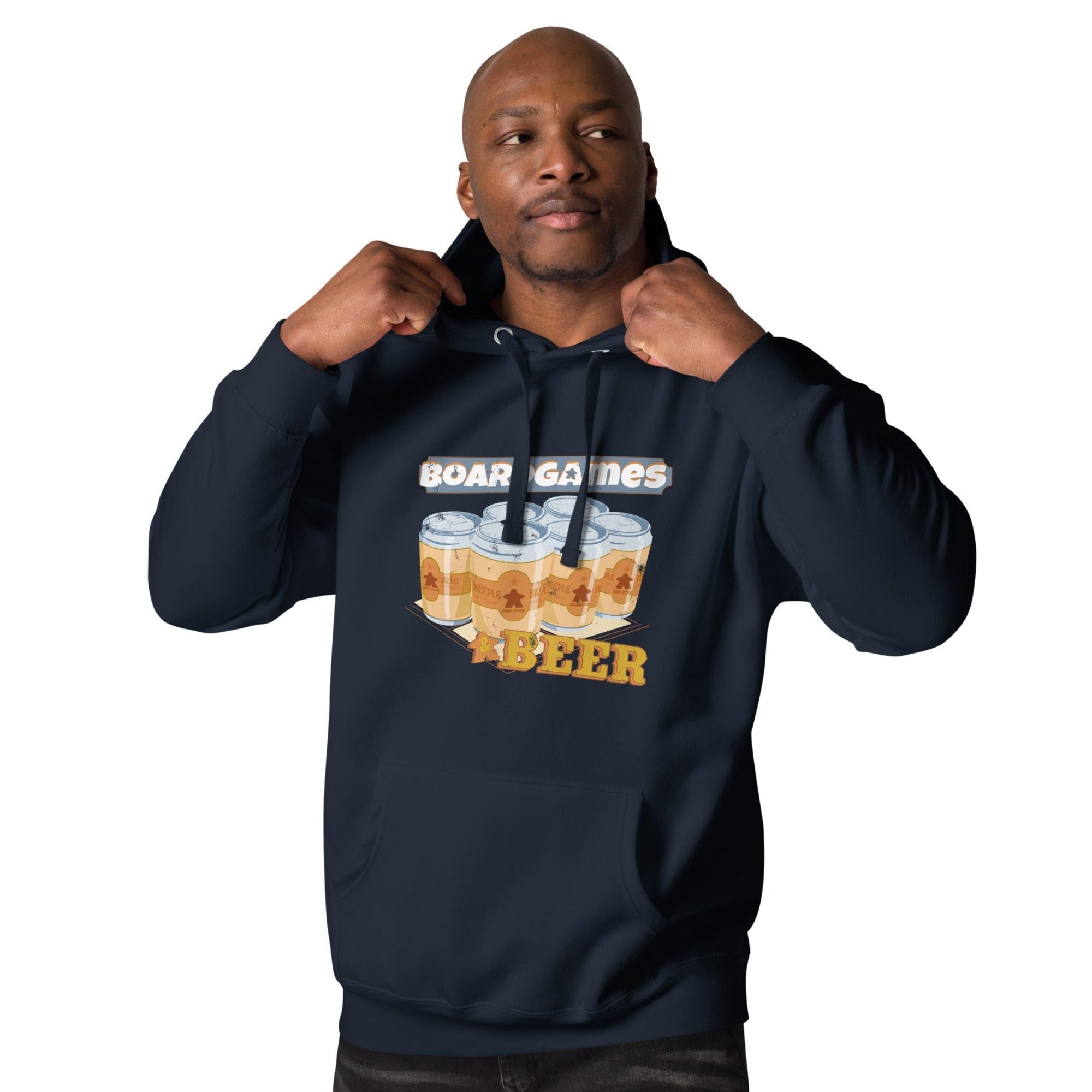A man wearing a navy blue hoodie with a graphic print of beer glasses and the words 'BOAR GAMES' and 'BEER' in yellow and white. He is posing with his hands on the hood drawstrings against a plain white background.