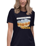 Women's fitted cotton-blend t-shirt printed with "Boardgames & Beer" text above an illustration of a six-pack of beer cans.