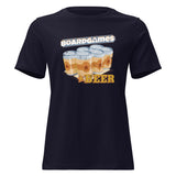 A navy blue short-sleeve t-shirt with a graphic on the chest depicting six beer cans under the text 'BOARDGAMES' and above the word 'BEER' in orange.