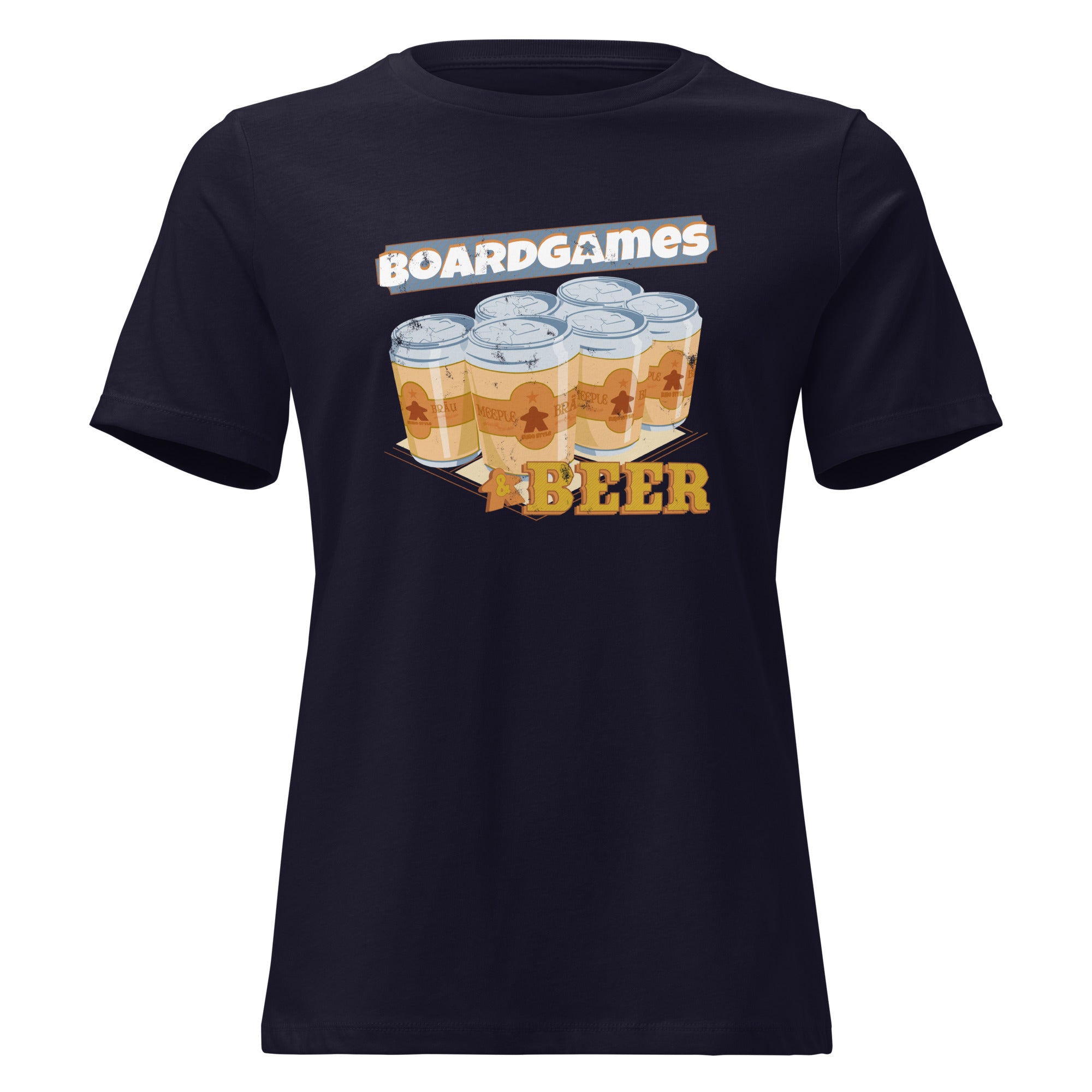 A navy blue short-sleeve t-shirt with a graphic on the chest depicting six beer cans under the text 'BOARDGAMES' and above the word 'BEER' in orange.