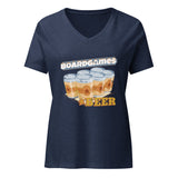 A navy blue heather V-neck t-shirt featuring a graphic print of six beer cans with the text 'BOARDGAMES' above and 'BEER' below, displayed on a clean white background.