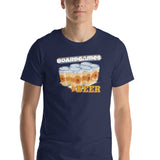 Cotton-blend t-shirt being worn by male model printed with "Boardgames & Beer" text above an illustration of a six-pack of beer bottles.