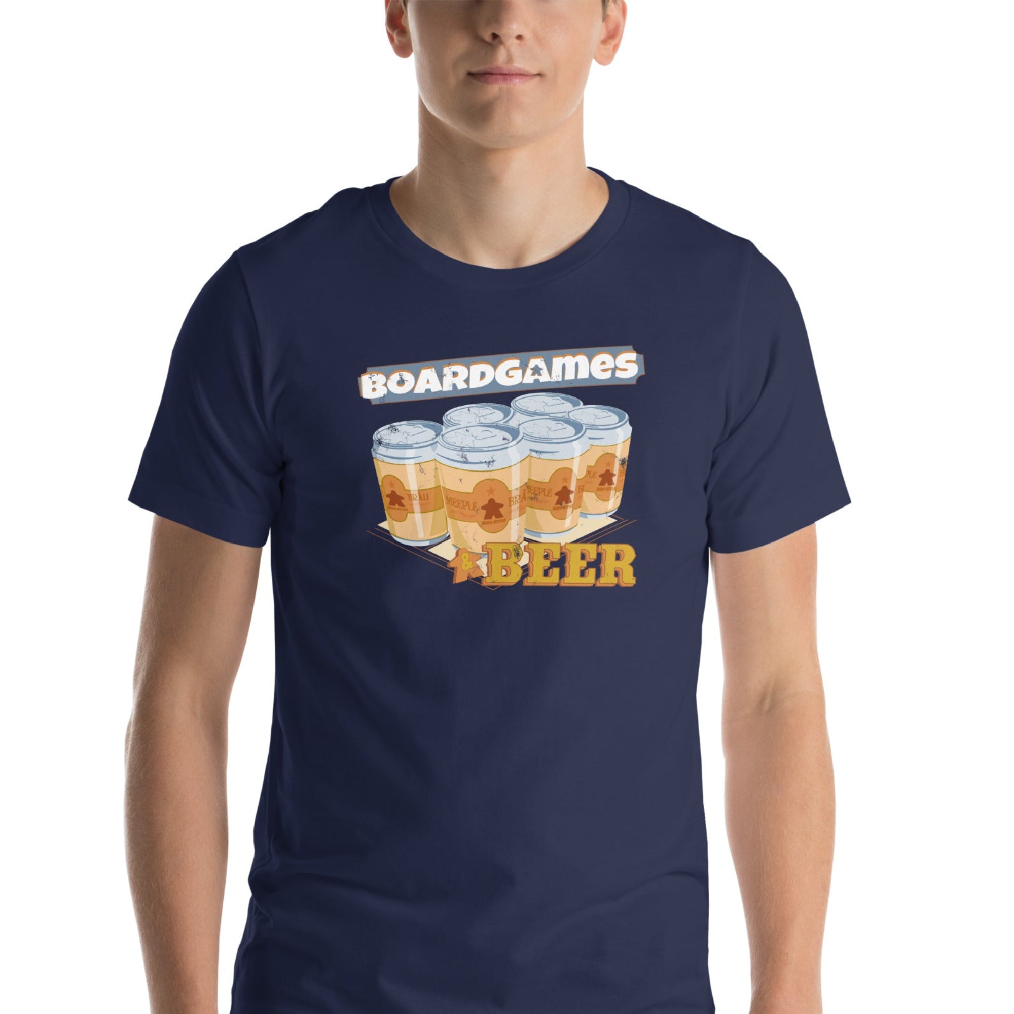Cotton-blend t-shirt being worn by male model printed with "Boardgames & Beer" text above an illustration of a six-pack of beer bottles.