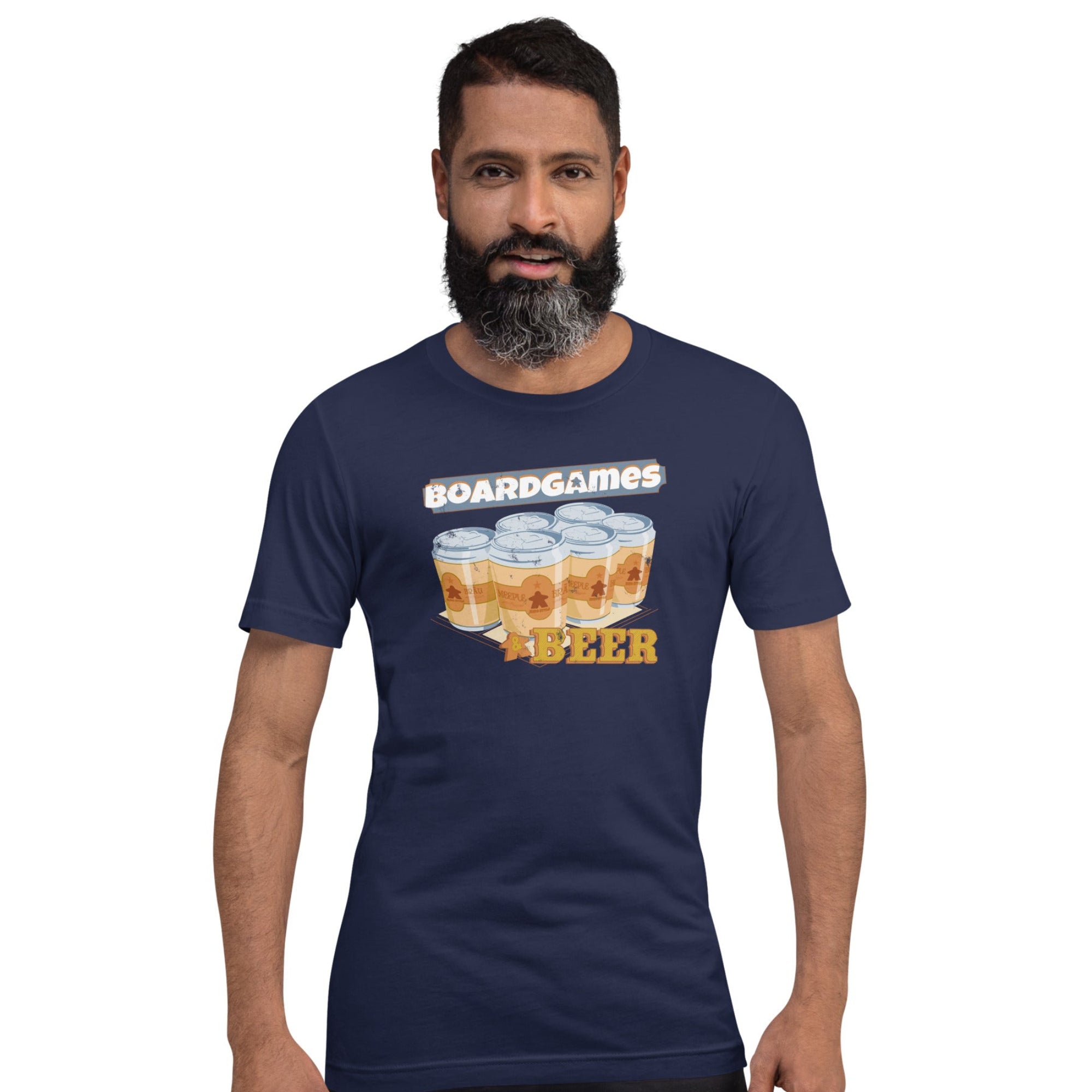 A man wearing a navy blue t-shirt with a graphic that reads 'BOARDGAMES BEER' above an illustration of six beer cans, shown against a plain white background.