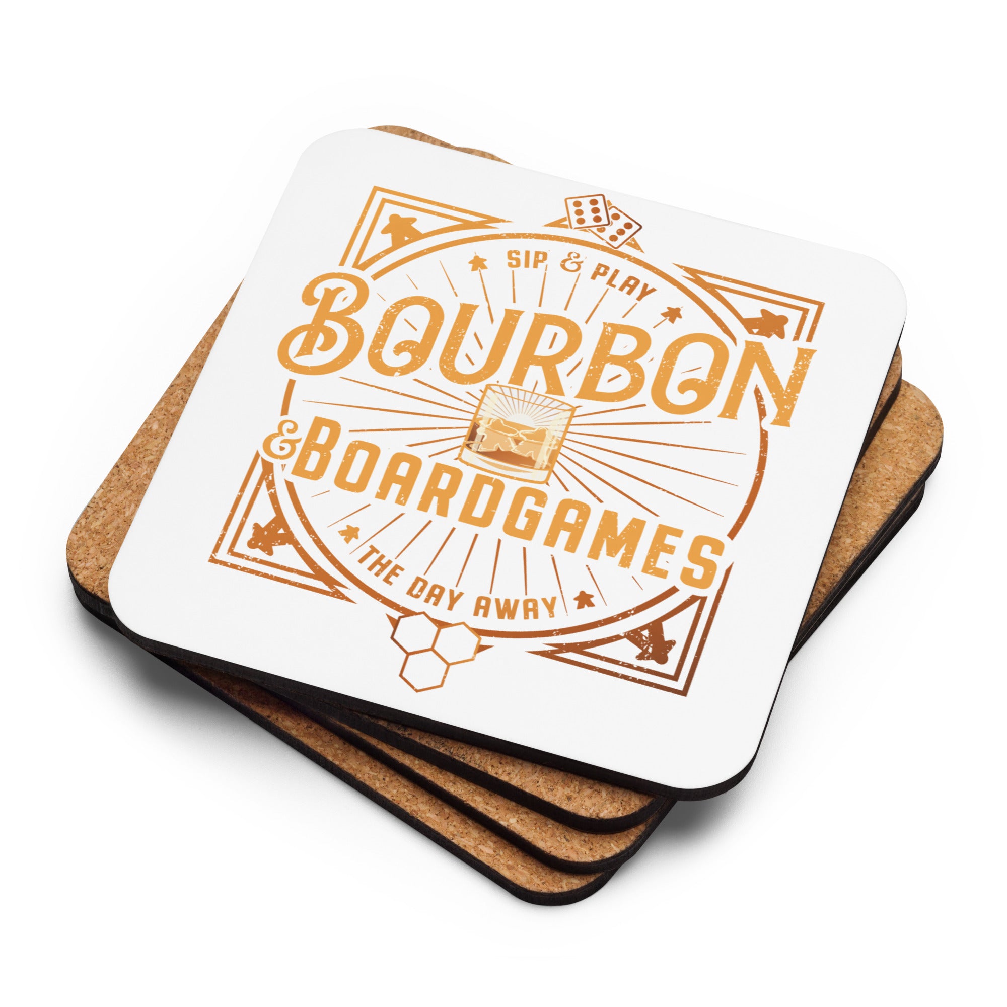 Cork-backed coaster printed with the phrase "Bourbon and Board Games," designed for tabletop gamers who enjoy a drink during game night.
