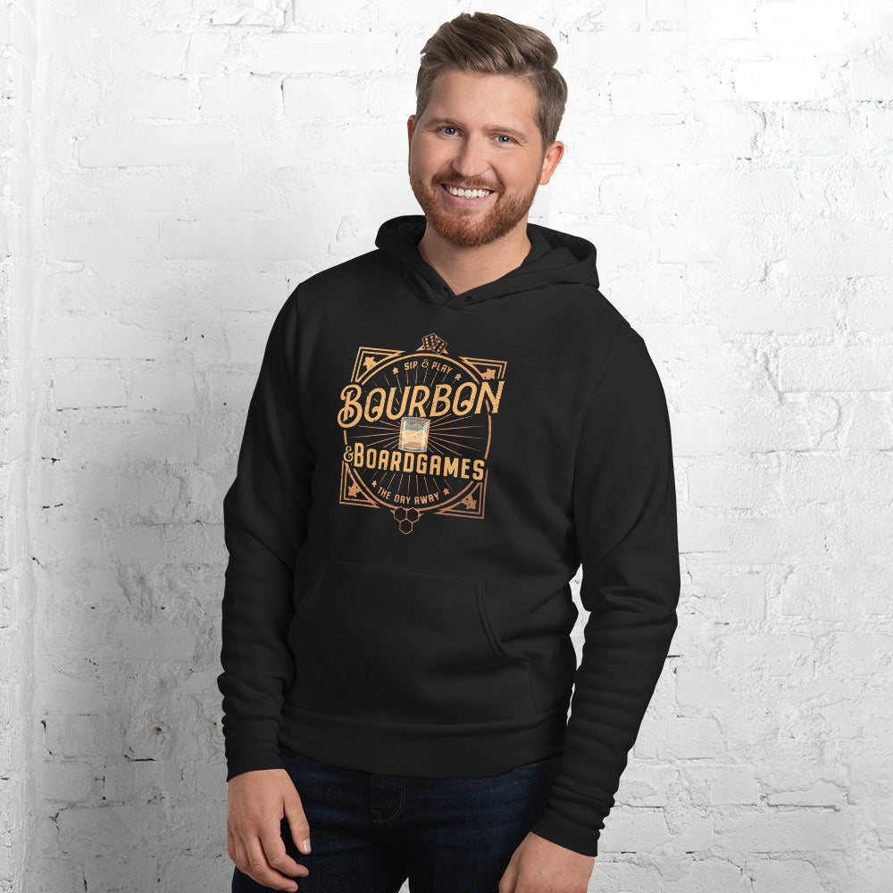 Pullover hoodie printed with the phrase "Bourbon and Board Games" in bold lettering, designed for tabletop gamers who enjoy a drink during game night.