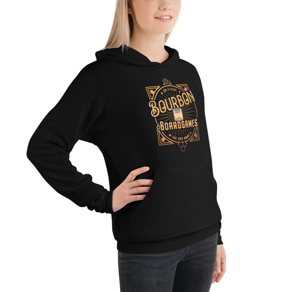 Blonde female model wearing our black Bourbon and Board games hoodie