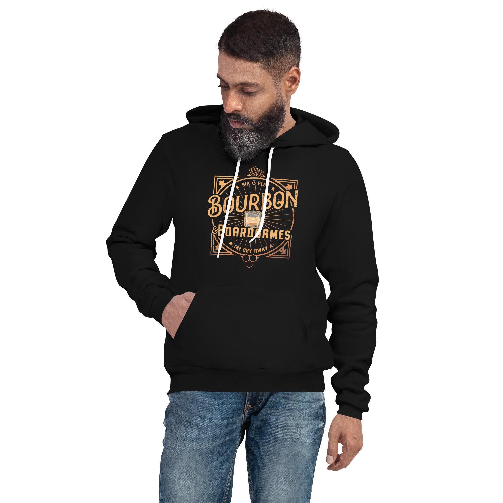 Male model wearing black bourbon and board games hoodie