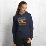 Female model wearing our heather blue bourbon and board games hoodie