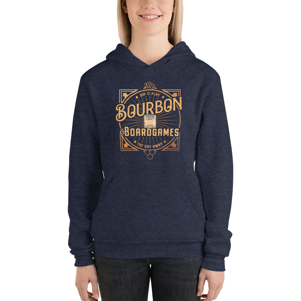 Female model standing straight wearing our heather blue bourbon and board games hoodie