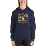 Female model standing straight wearing our heather blue bourbon and board games hoodie