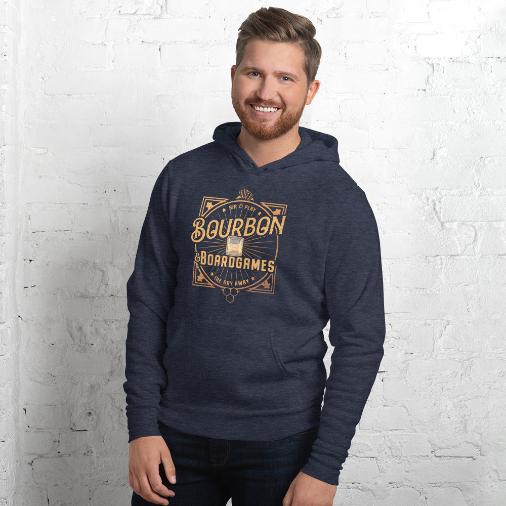 Male Model smling while wearing our heather blue bourbon and board games hoodie
