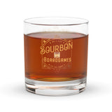 11oz rocks glass with a full-color UV-printed design reading "Bourbon and Board Games," designed for tabletop gamers who enjoy a drink during game night.