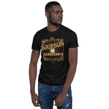 Bourbon and Board Games design on a black T-Shirt being worn by a Model
