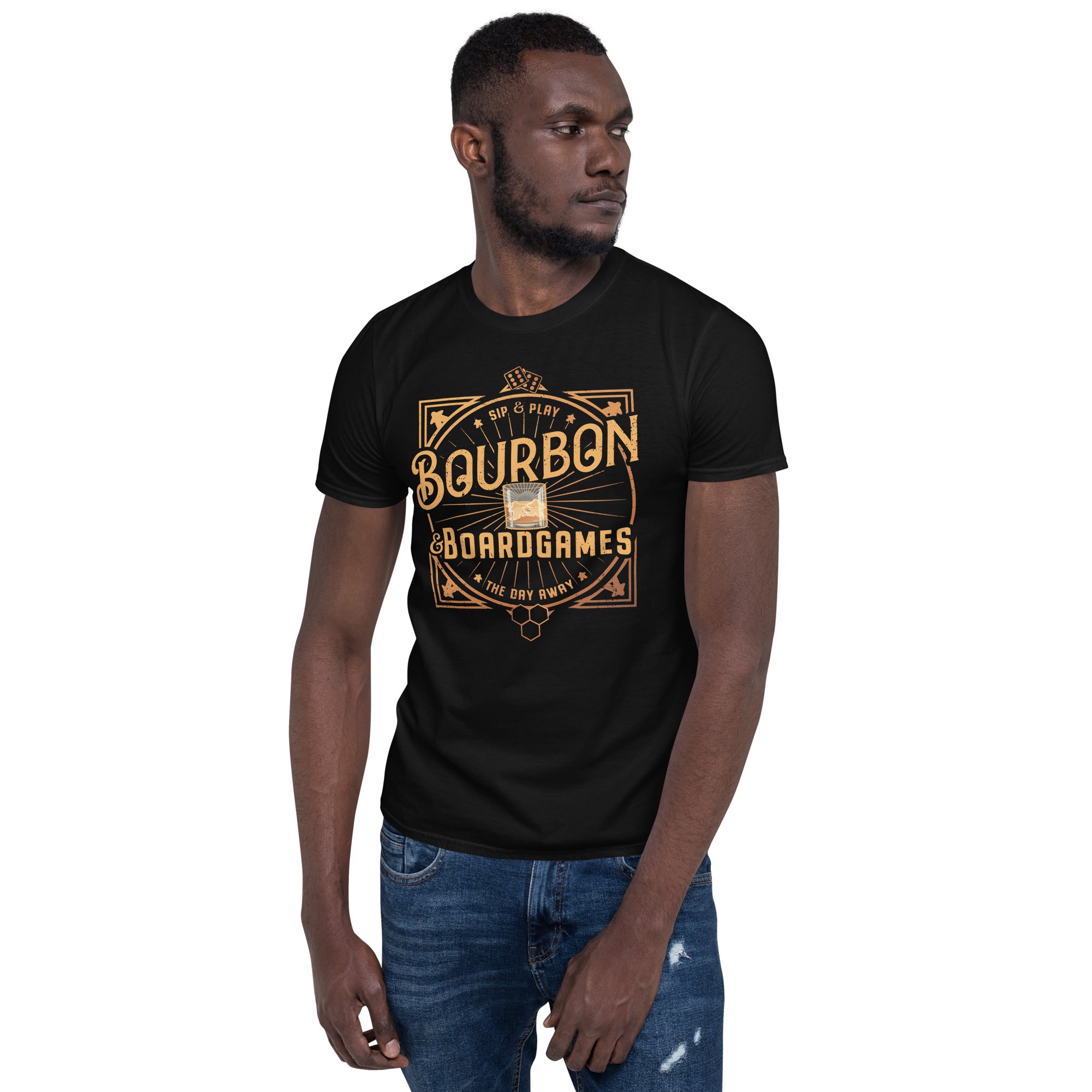 Bourbon and Board Games design on a black T-Shirt being worn by a Model