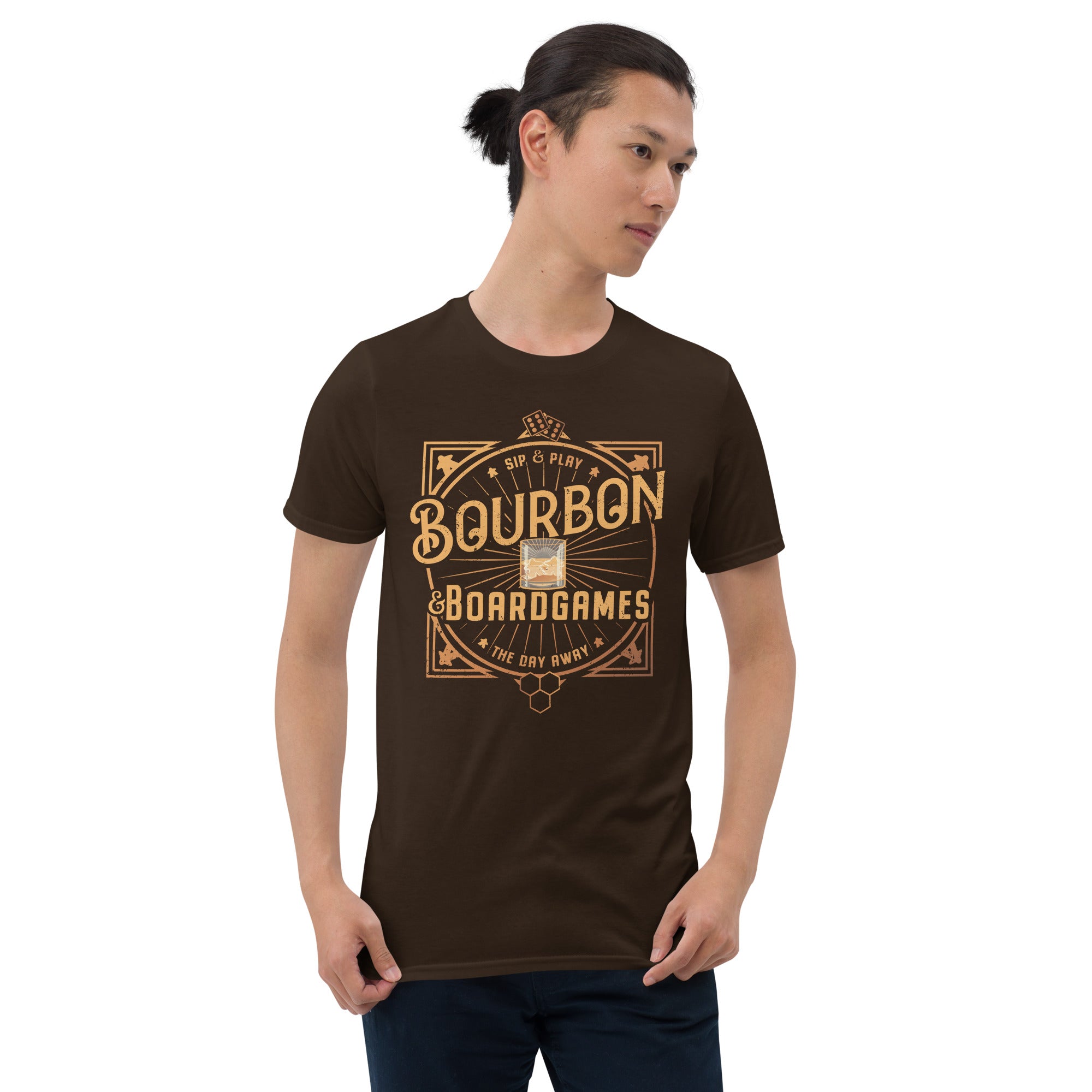 Bourbon and Board Games design on a brown T-Shirt being worn by a Model