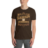 Bourbon and Board Games design on a brown T-Shirt being worn by a Model