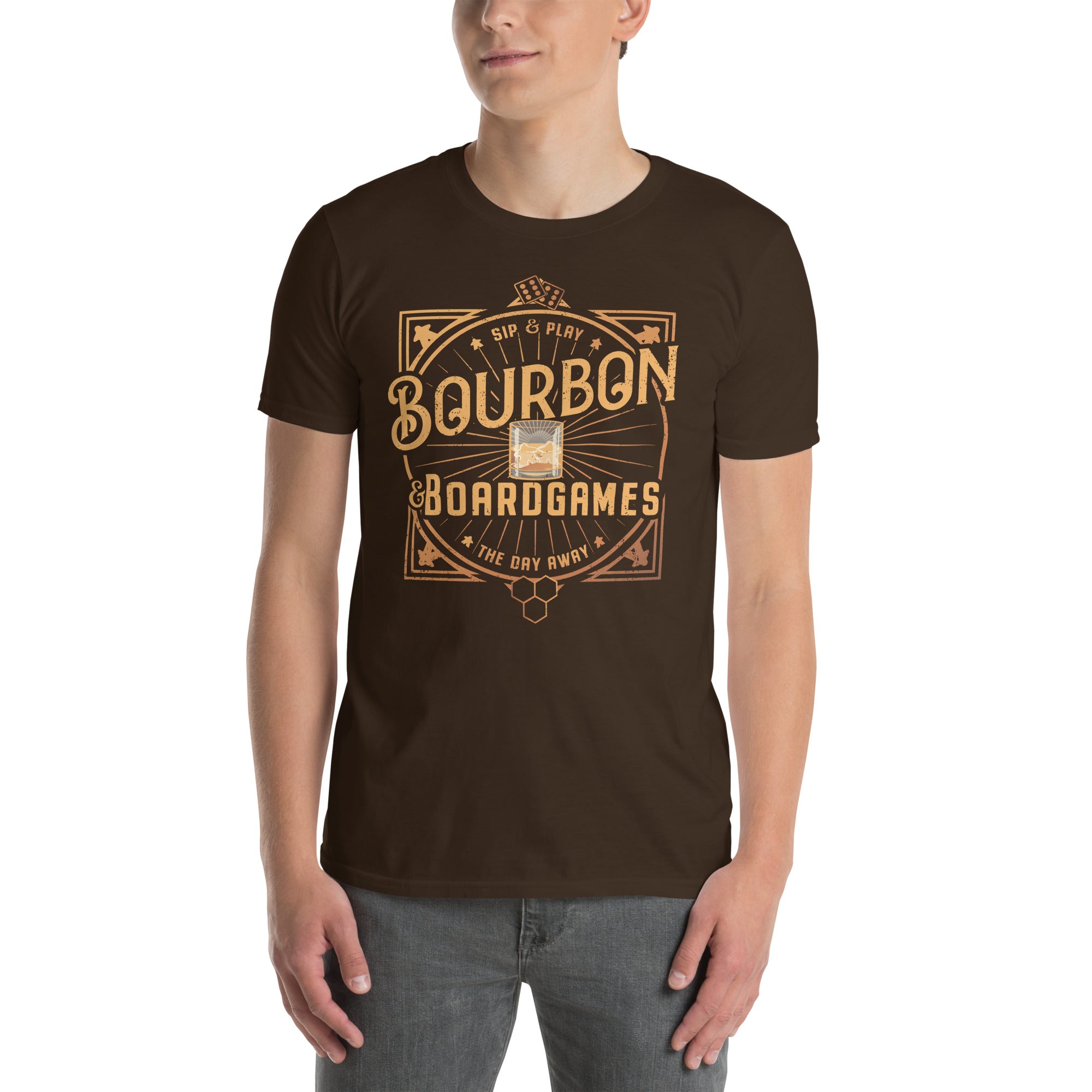 Bourbon and Board Games design on a brown T-Shirt being worn by a Model