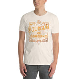 Bourbon and Board Games design on an off-white T-Shirt being worn by a Model